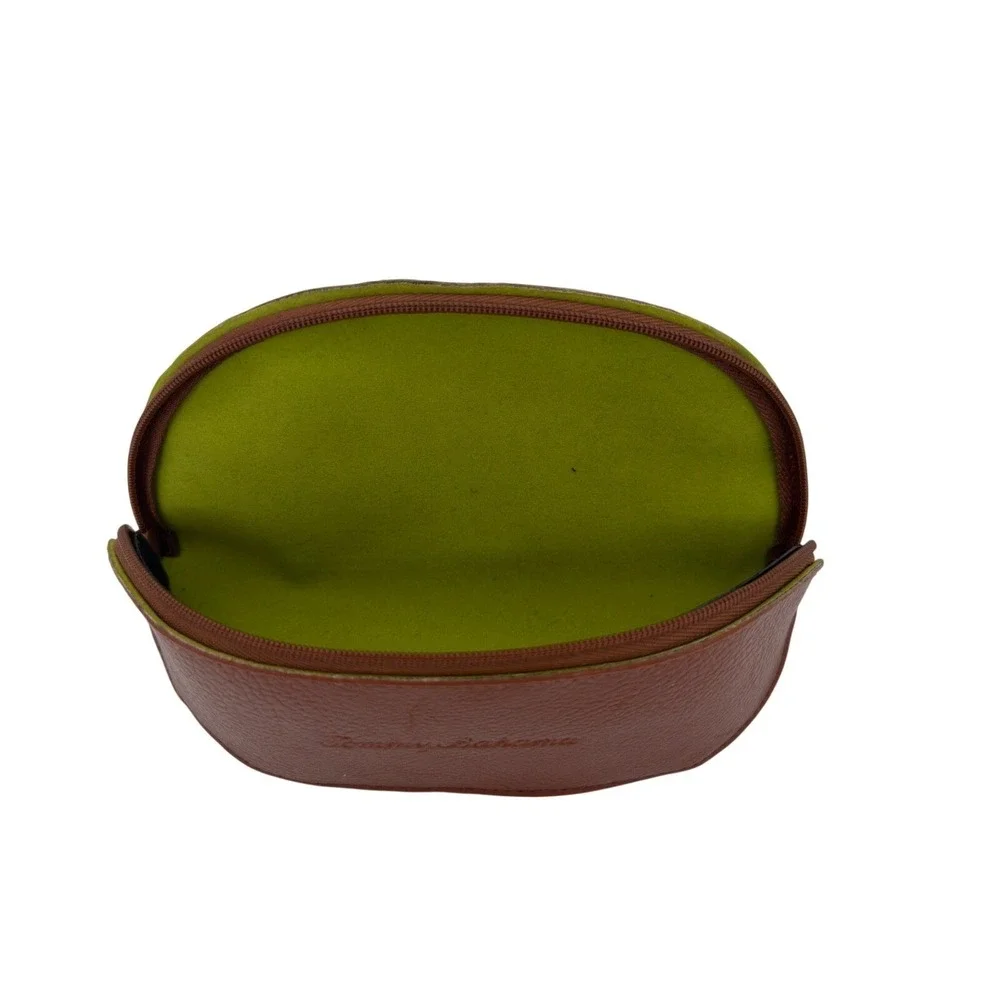 Tommy Bahama Brown Leather Zip Eyeglass‎ Case Green Lined